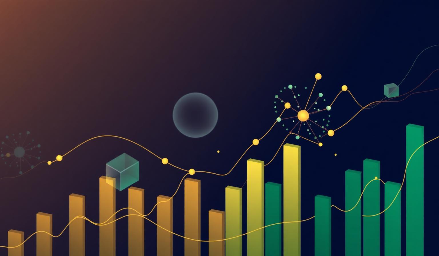 Abstract bar chart and scatter plot in green and gold over a dark navy background