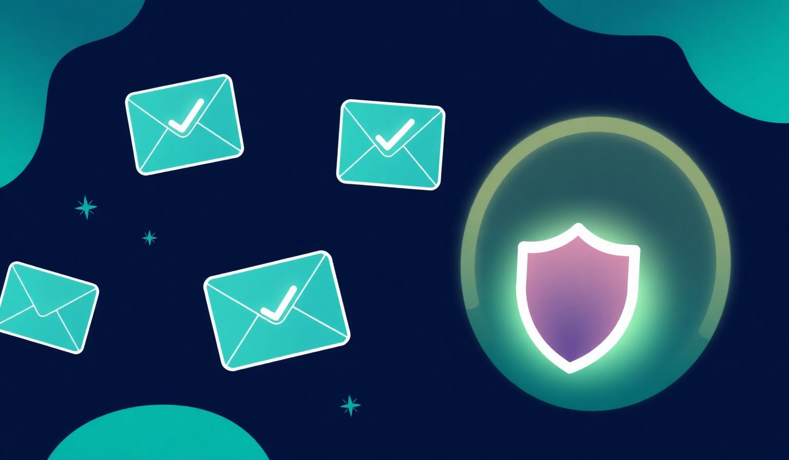 Envelopes with checkmarks floating next to a glowing security shield on a navy background